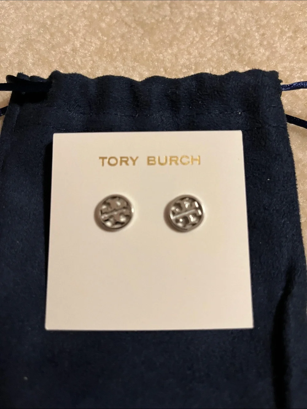 Tory Burch Silver Logo Stud Earrings